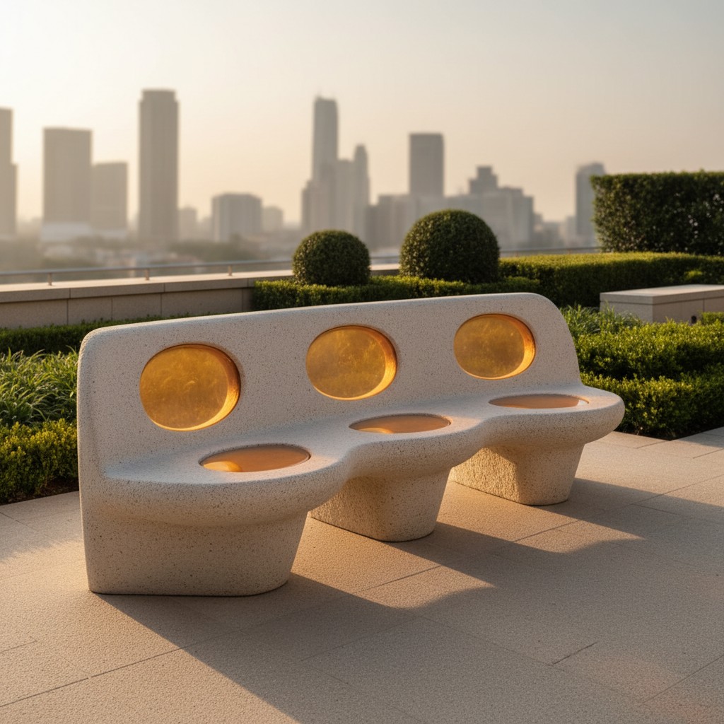Modern bench in rooftop garden with a city skyline in the background.