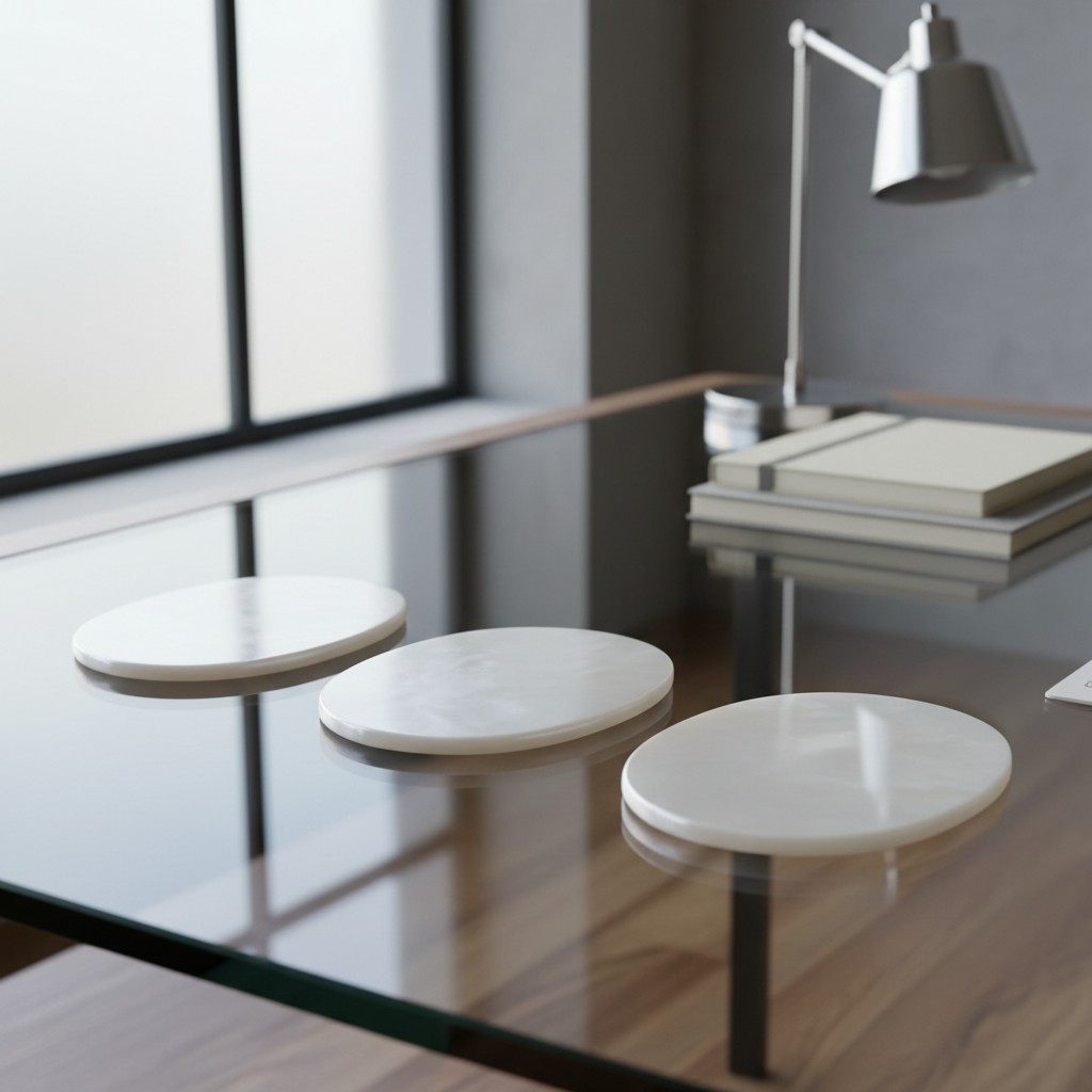 Several minimalist white discs resting on a reflective surface in a concrete office or living room.
