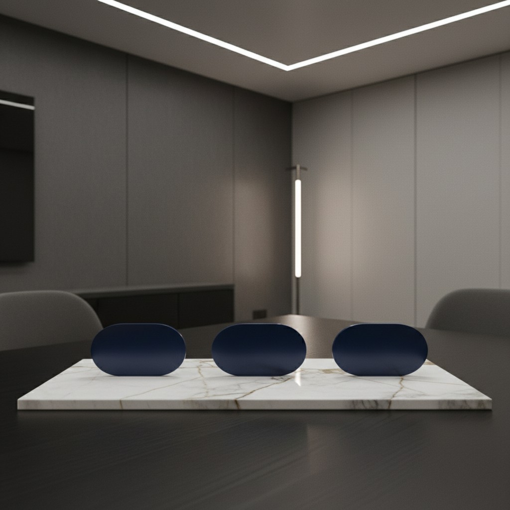 Three futuristic navy blue tools on a sleek gray and white table inside a conference room. The setting features: * A dark,...