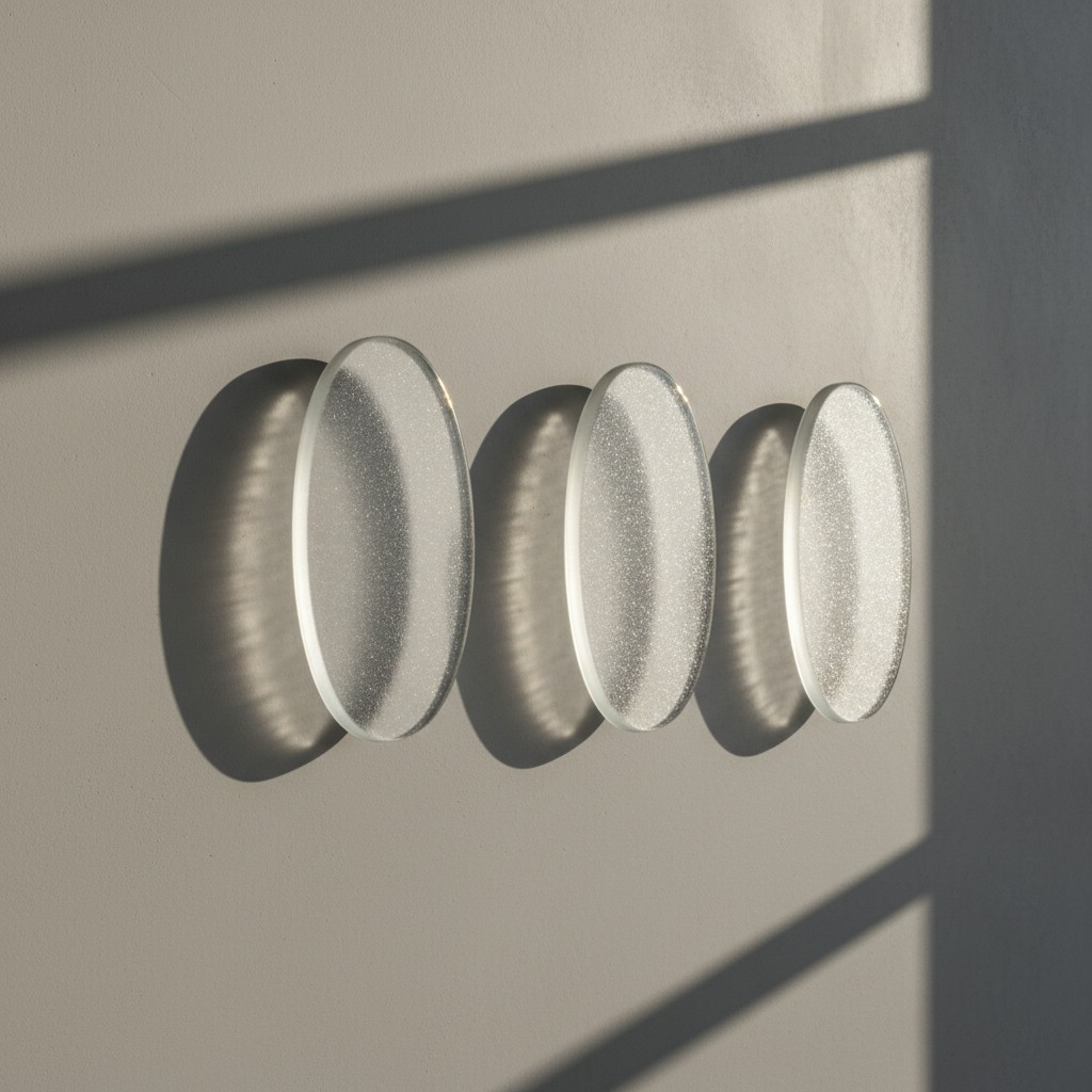 A group of four oval-shaped, frosted glass objects are arranged in a row on a wall-mounted surface, casting shadows due to...